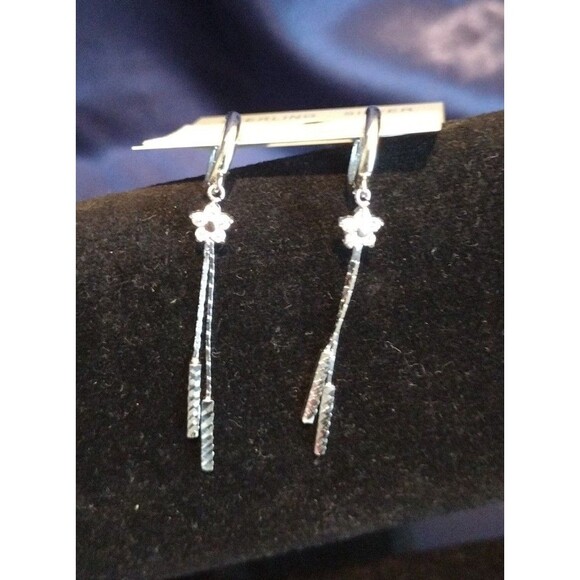 Diamond Pave Starburst Sterling Silver Hoop Drop Earrings - Picture 3 of 5